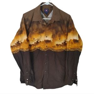 Panhandle Slim Western Graphic Shirt Pearl Snap Horse Mens Large Sunset Cowboy